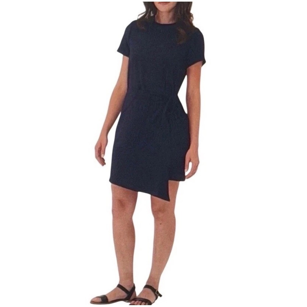 NWT Threads 4 Thought Women Navy Blue Short Sleeve Wrap Dress Asymmetrical Hem L